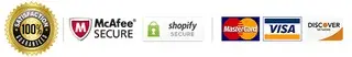 Security badges and credit card logos including McAfee, Shopify, MasterCard, Visa, Discover.