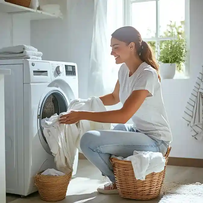 Person loading laundry into a front-load washing machine in a bright room.