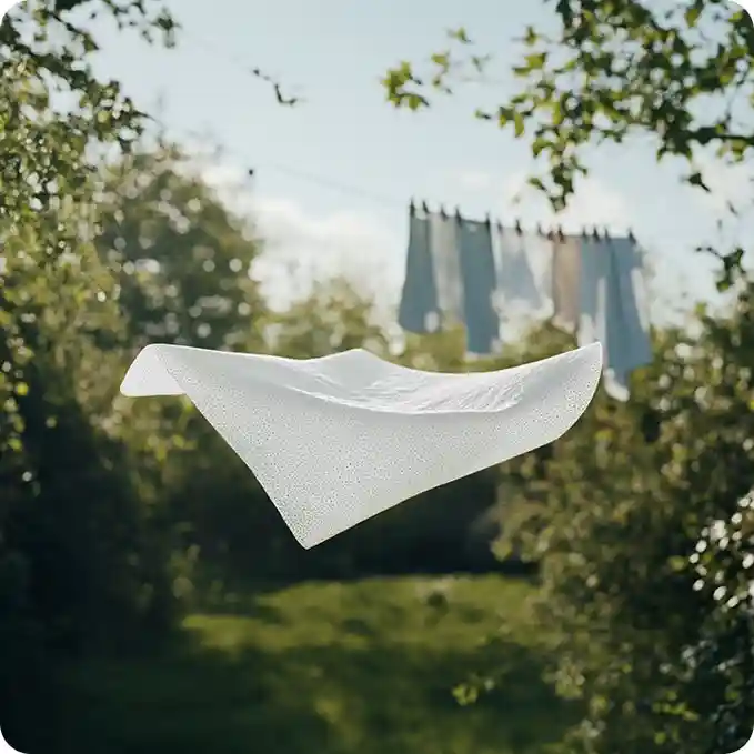 White cloth flying in foreground, laundry hanging in background between trees.