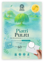 Colorful packaging of 'Piatti Puliti' detergent with nature-themed graphics.