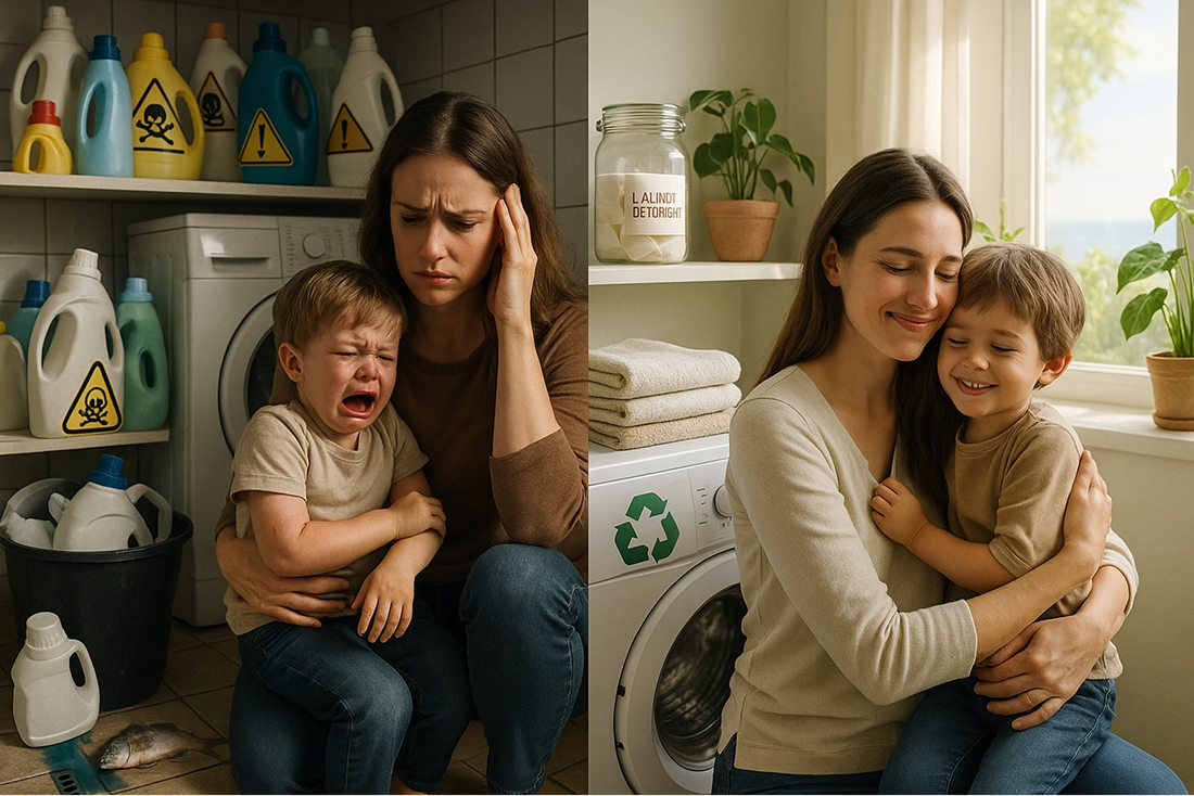 White cloth flying in foreground, laundry hanging in background between trees.