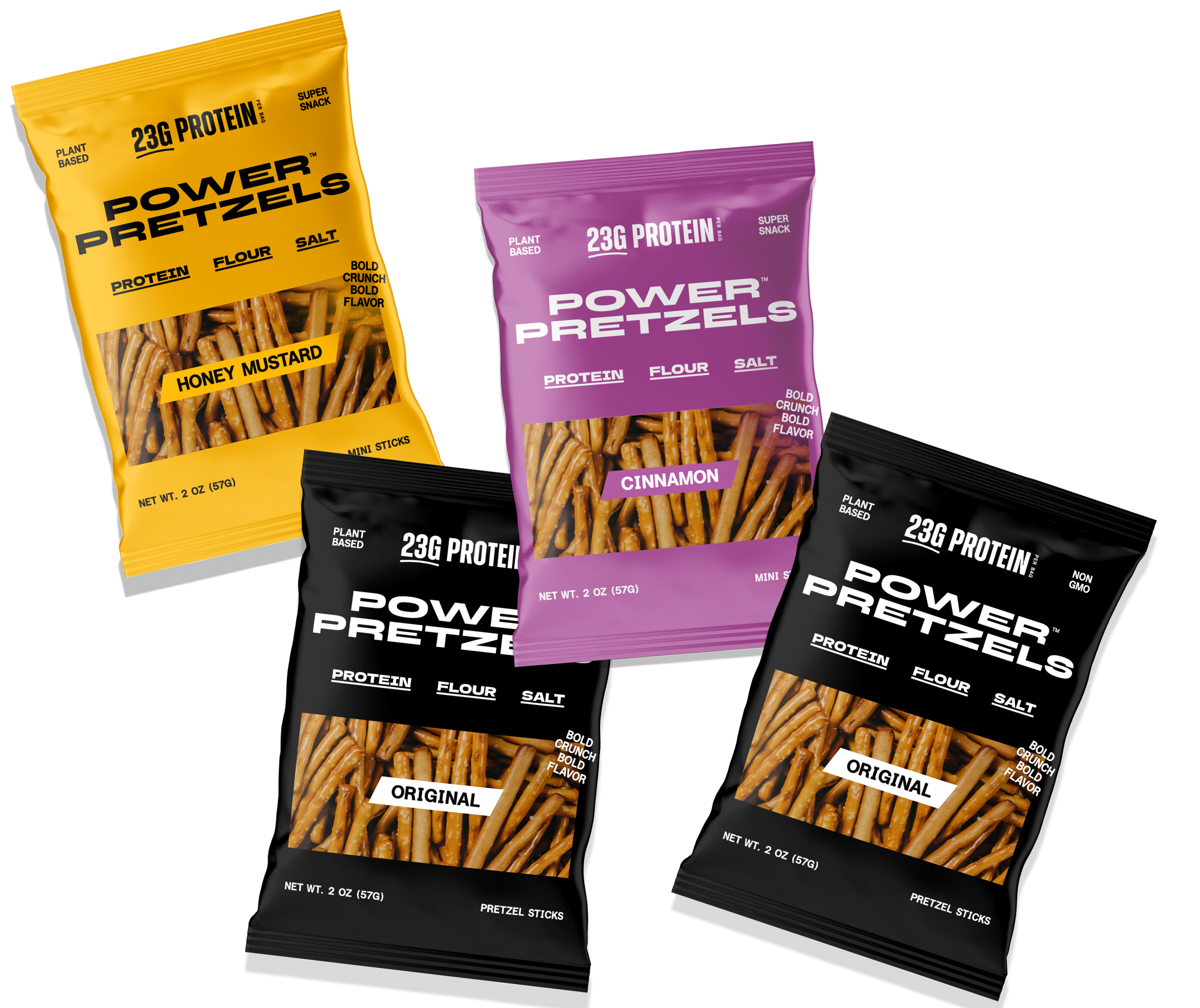 Four bags of Power Pretzels in Honey Mustard, Cinnamon, and Original flavors on a white background.