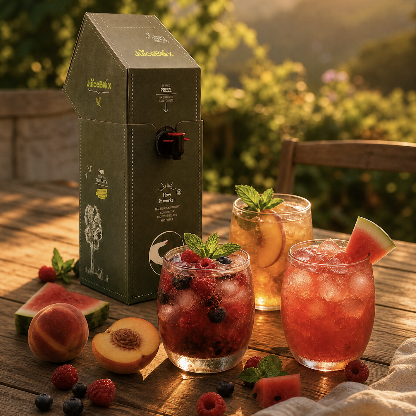 A large juice box sits on a wooden table next to three glasses of iced fruit drinks and fresh fruit.