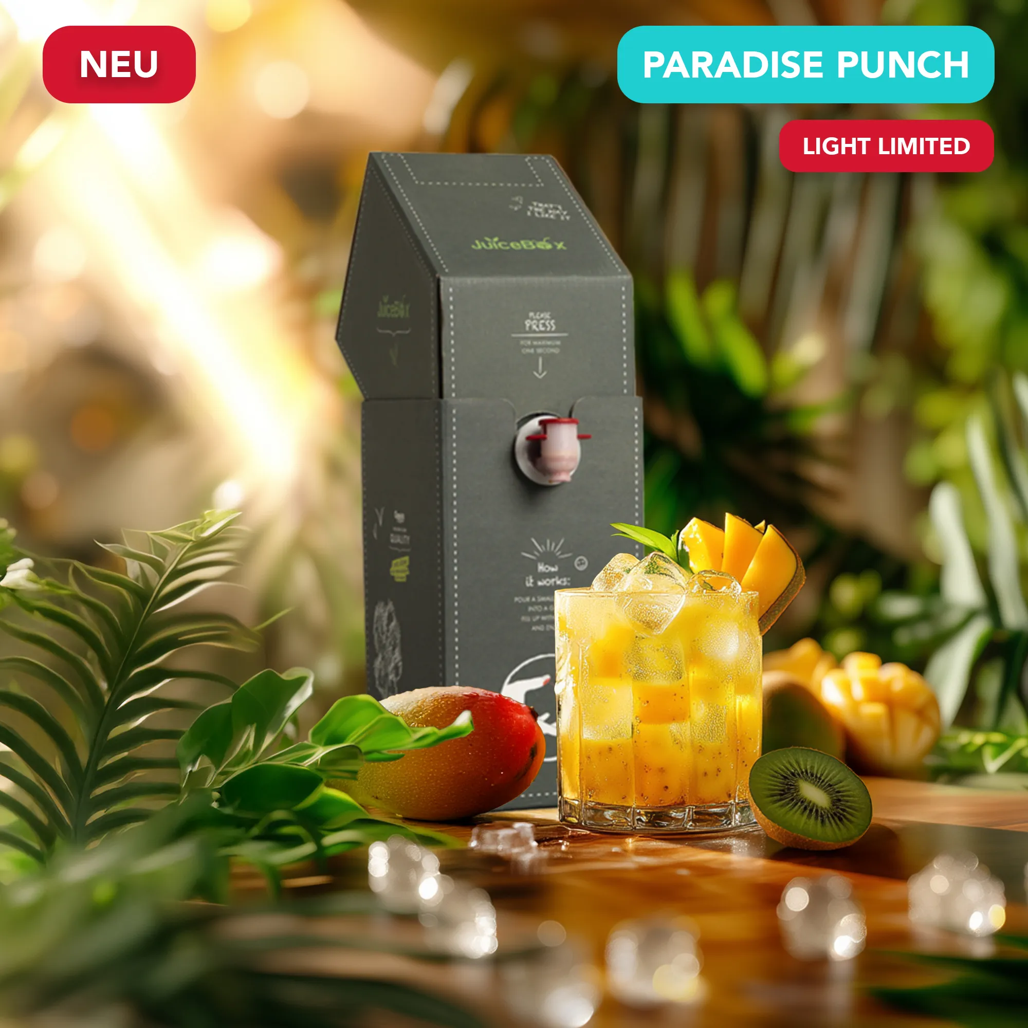 JuiceBoxx drink with tropical fruits and ice on a wooden table surrounded by greenery.