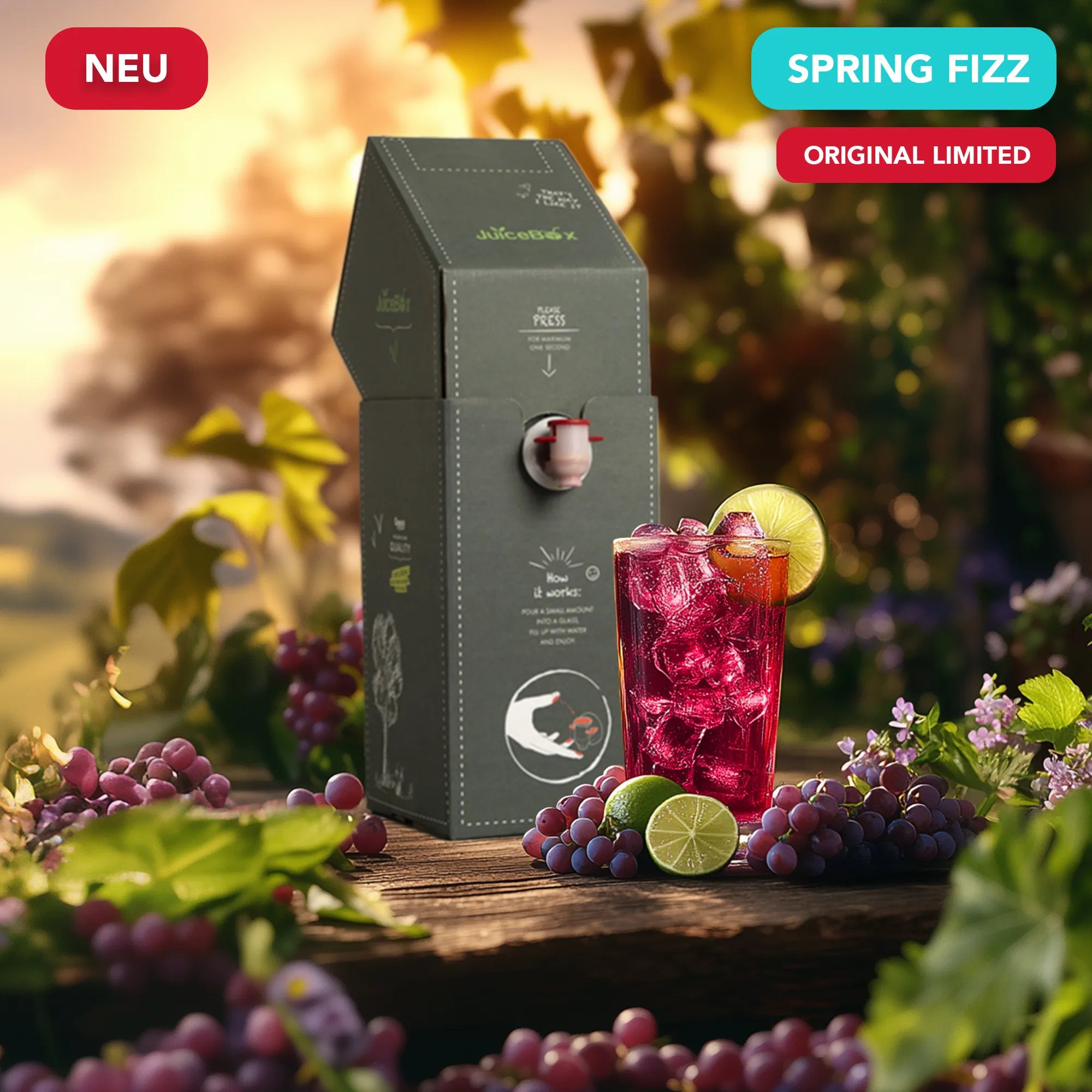 Fruit juice box and glass with ice and lime, surrounded by grapes in a garden setting.
