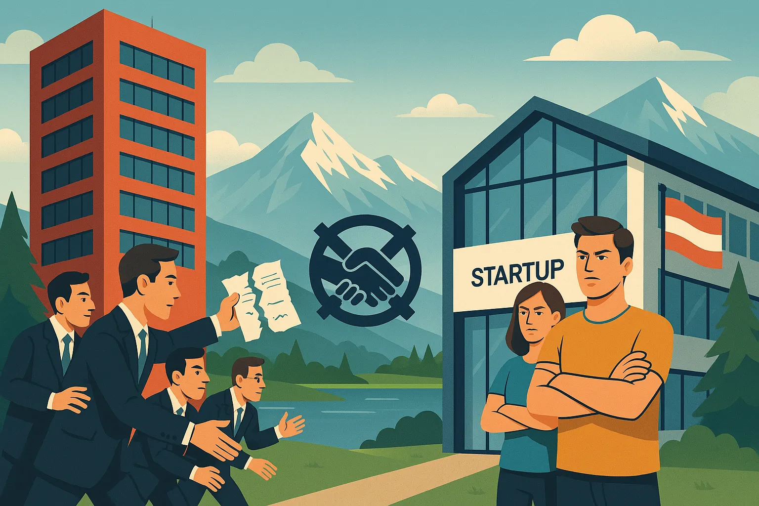 Illustration of businesspeople approaching a startup with documents, mountains in the background.
