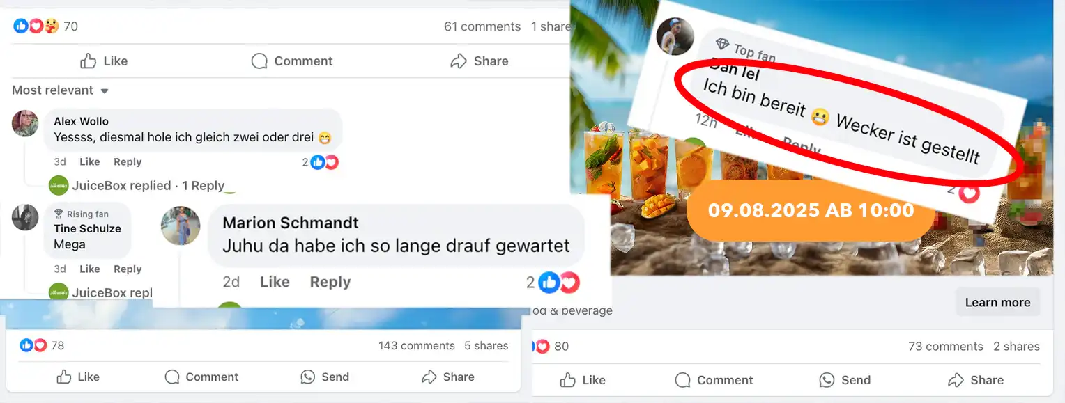 Collage of social media comments and tropical drinks with a date overlay.