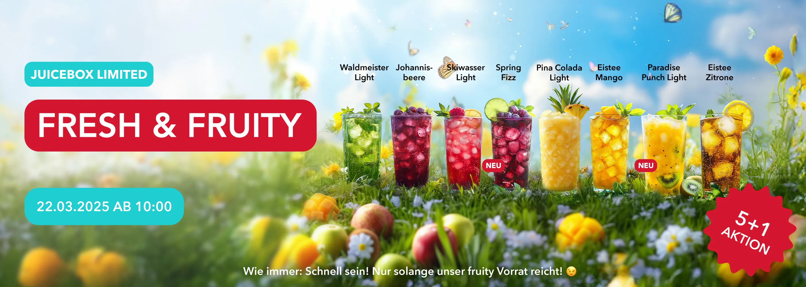 A variety of colorful fruit beverages displayed in glasses outdoors.
