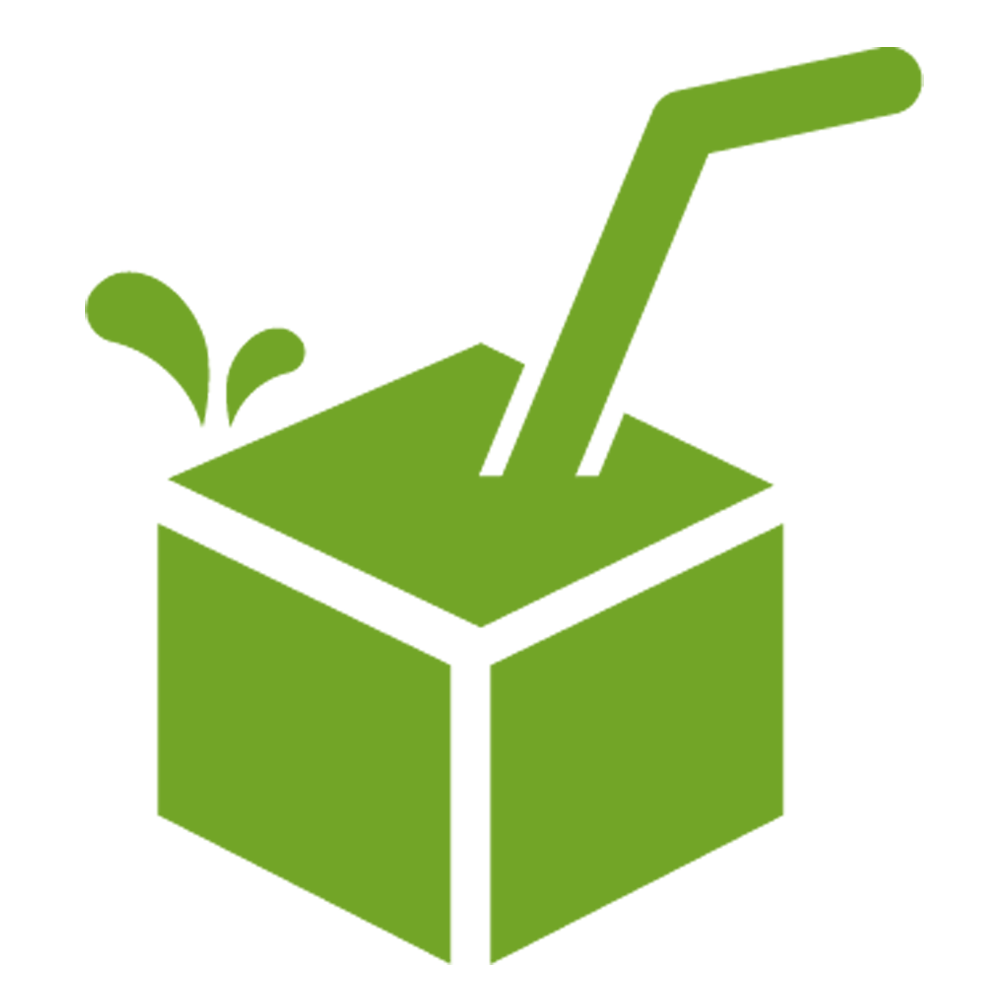 A green juice box icon with a straw and liquid splash.