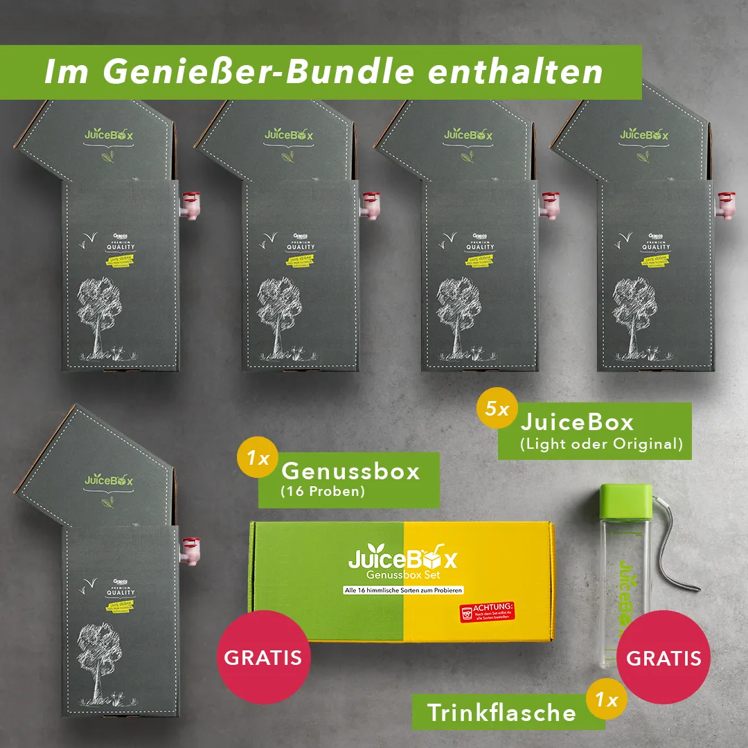 JuiceBox bundle with boxes, a bottle, and promotional text in German.