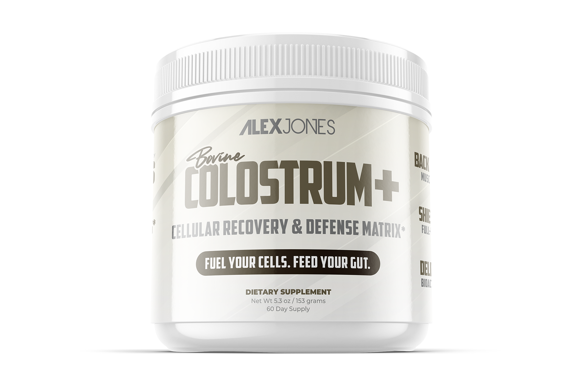 White container labeled 'Bovine Colostrum+' dietary supplement.