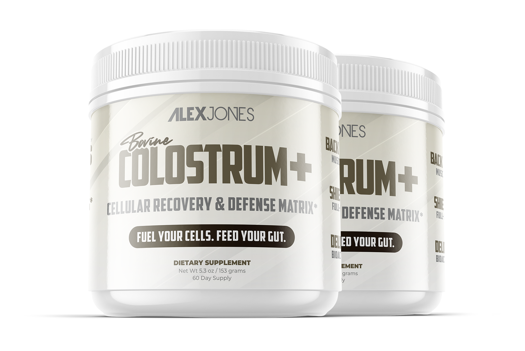 Two containers of dietary supplement labeled 'Bovine Colostrum+'.
