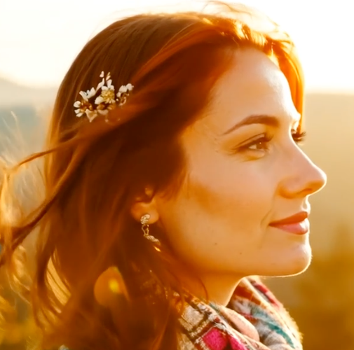 A woman with reddish hair and a flower clip smiles in profile, bathed in warm sunlight.
