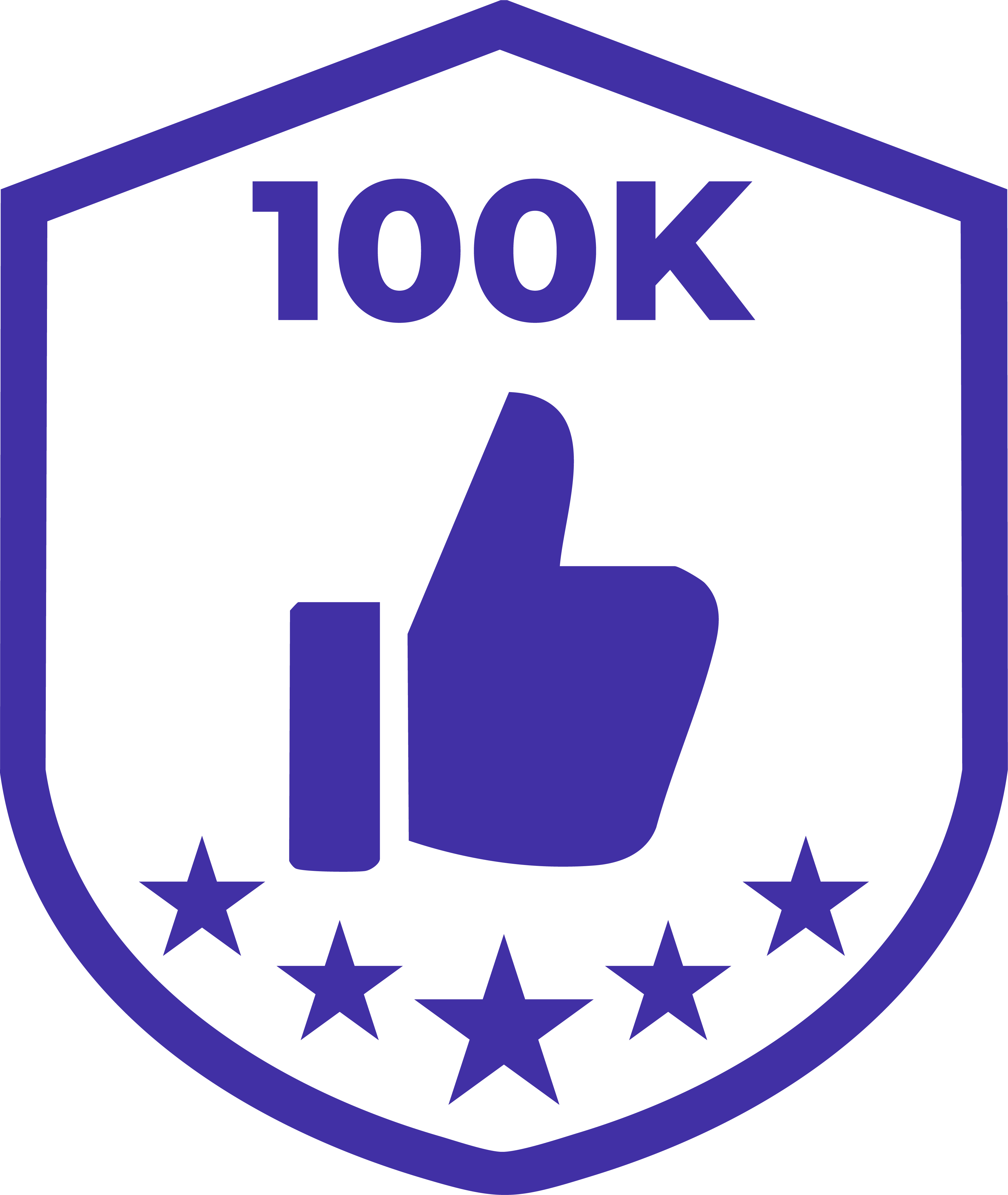 Blue badge with thumbs up, 100K text, and five stars.