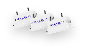Three white Airlock air quality sensor devices arranged diagonally against a white background.