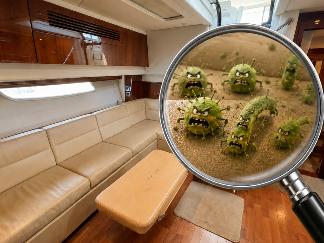 A split image compares a clean boat interior with a dirty one, showing bacteria under a magnifying glass.