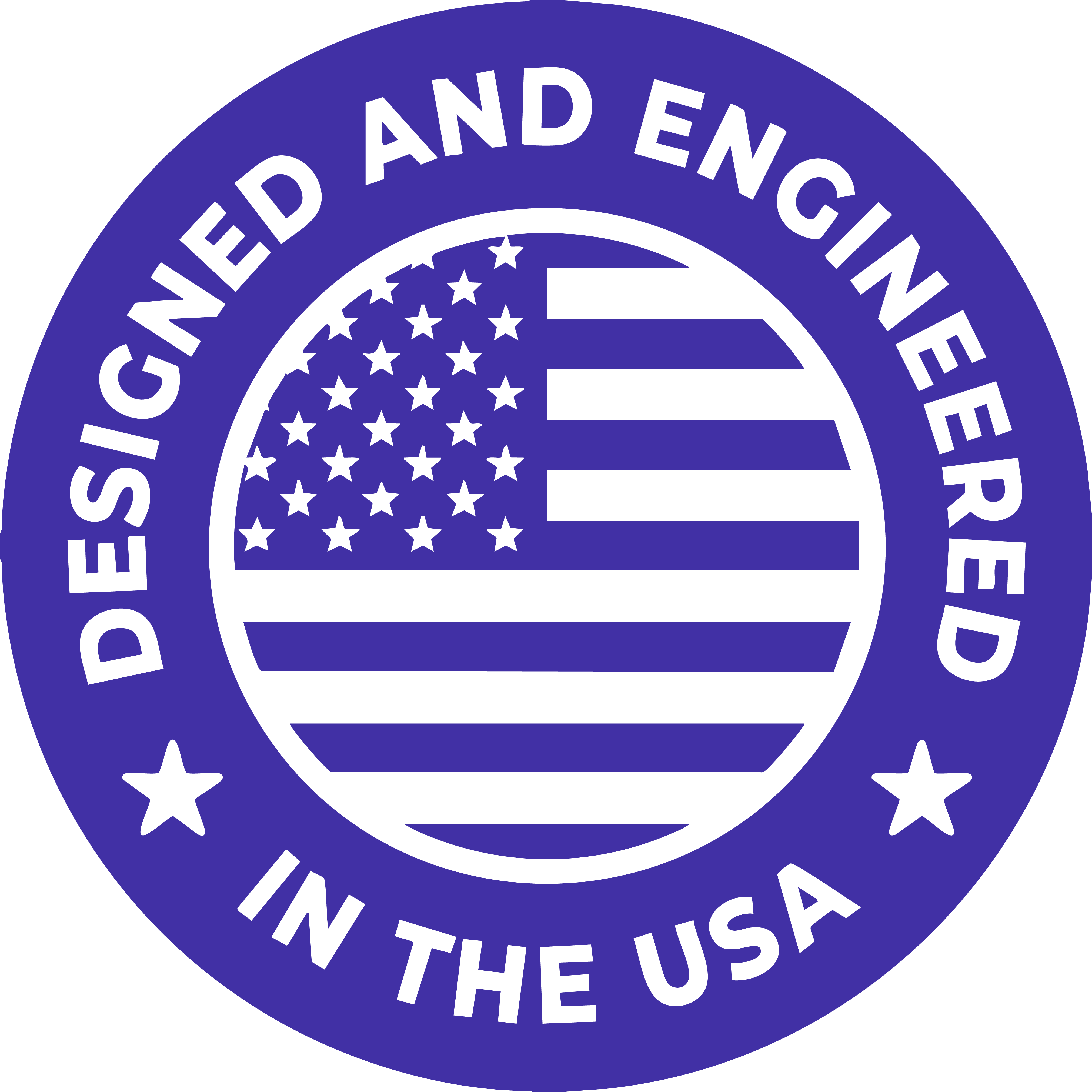 Blue badge with American flag, text: 'Designed and Engineered in the USA'.