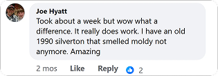 A screenshot of a social media comment from Joe Hyatt praising a product's effectiveness on a moldy smell.