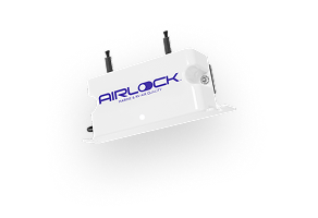 A white Airlock Radon & IAQ Air Quality monitoring device against a plain white background.