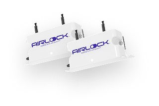 Two white AIRLOCK brand marine and RV air quality devices on a white background.