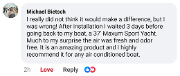 A screenshot of a positive customer review from Michael Bietsch about a product for his boat.