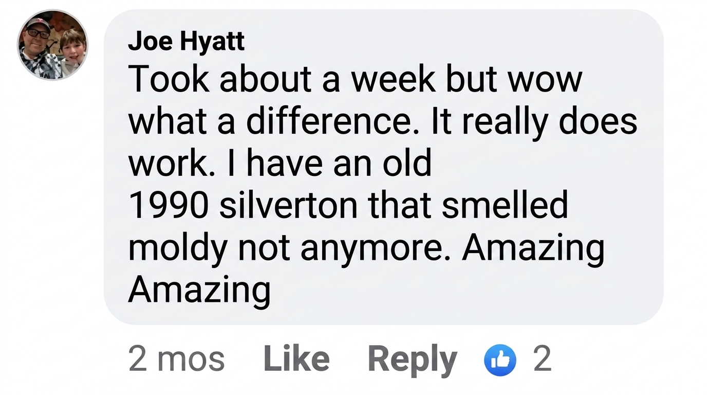 A social media review from Joe Hyatt praising a product for removing a moldy smell from his 1990 Silverton.
