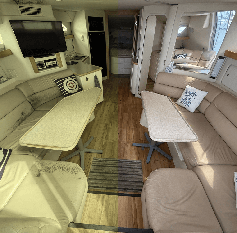 Interior of a boat with two seating areas and tables, split view of old and new condition.