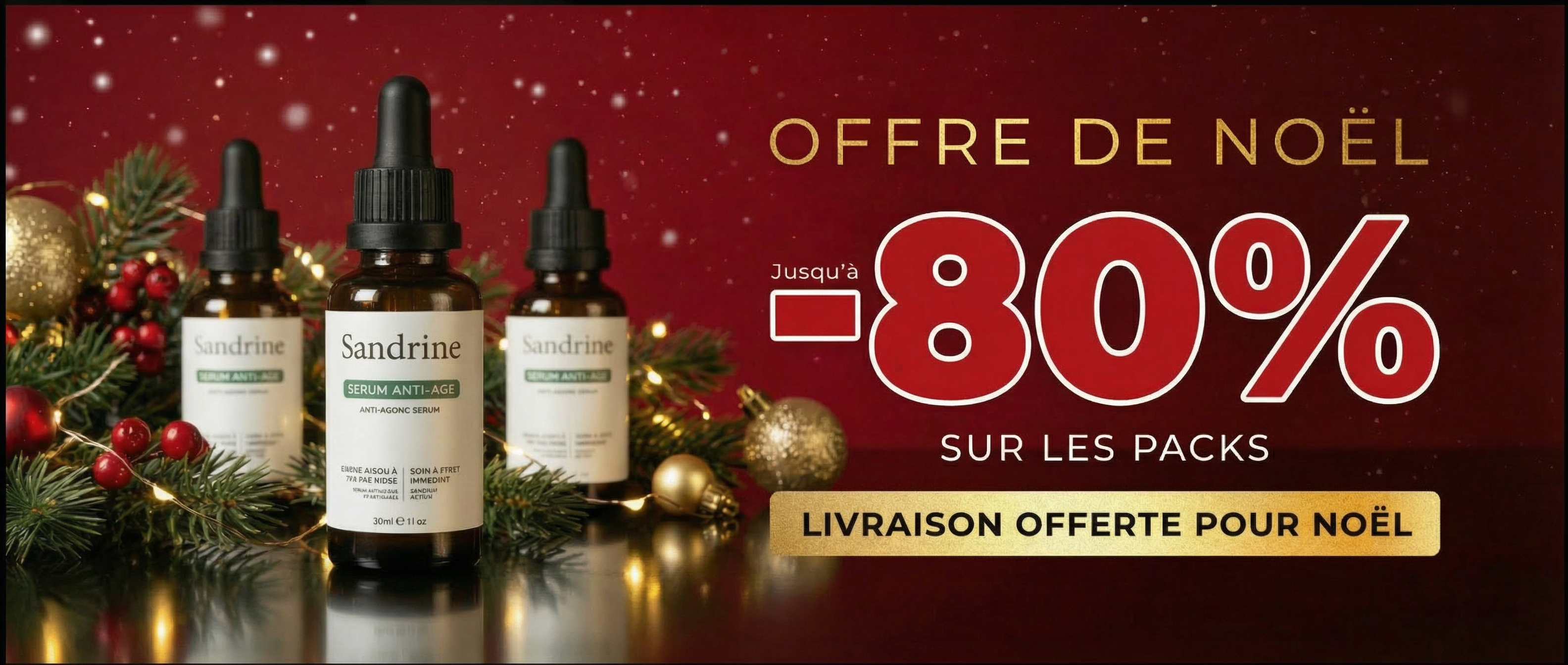 Christmas offer with Sandrine skincare bottles and festive decorations.