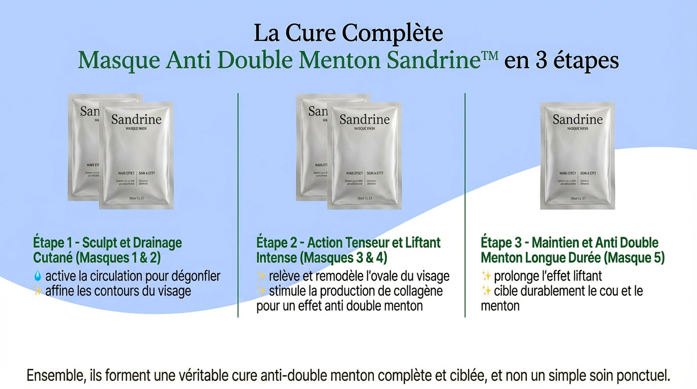 Three steps of Sandrine anti double chin masks on a blue background.