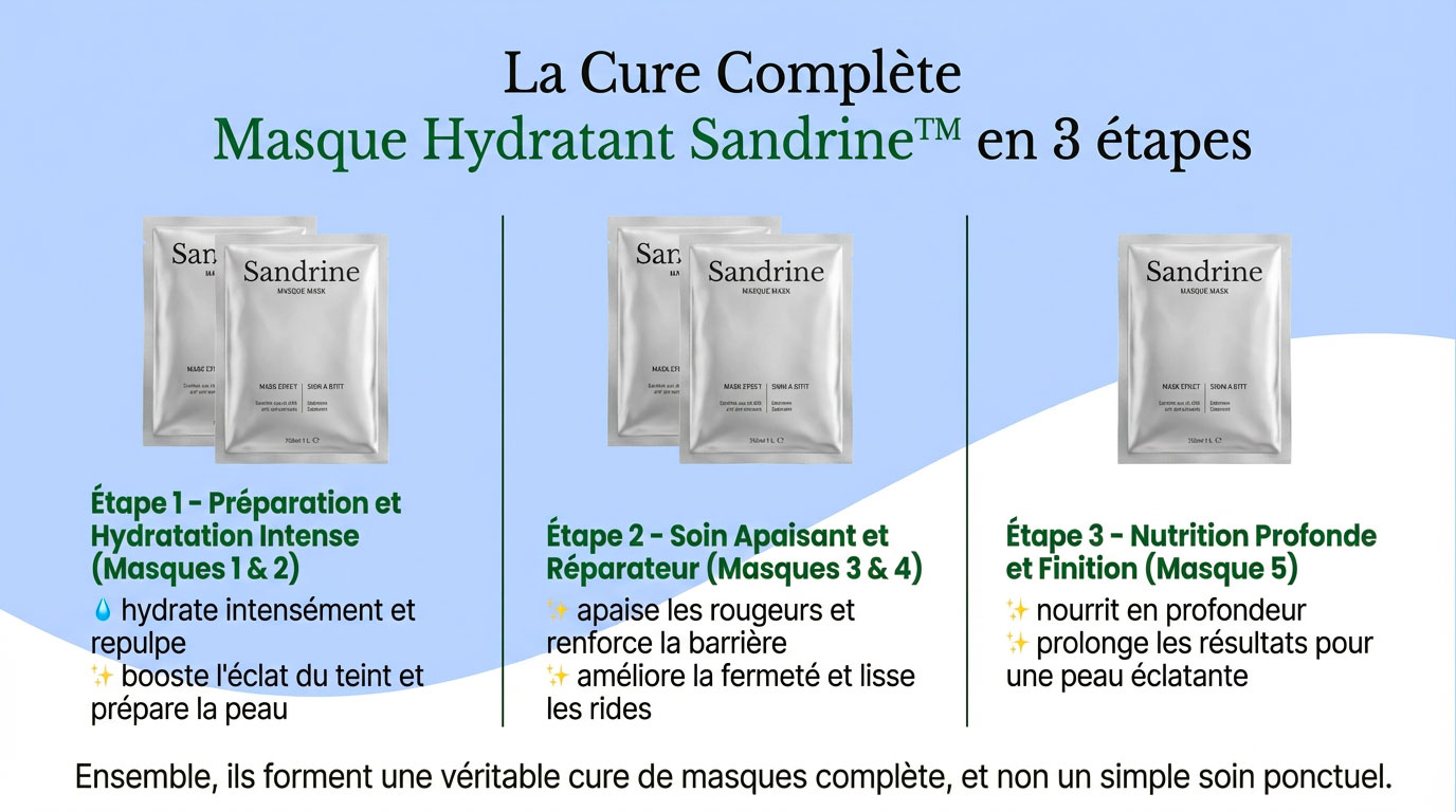Three-step skincare routine with Sandrine masks and descriptions in French.