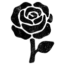 A stylized, black illustration of a rose with a stem and one leaf.