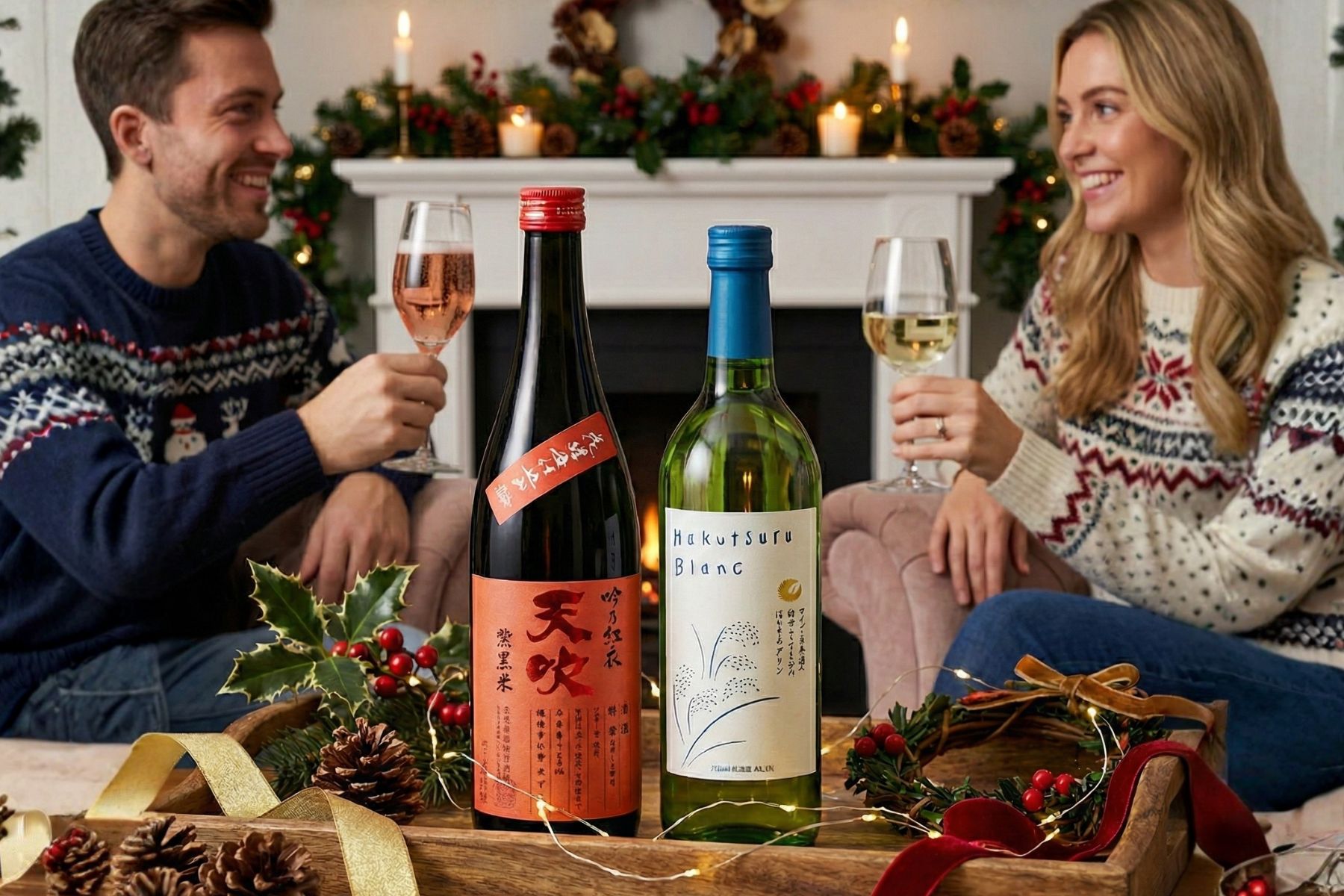 A bottle of sake, a glass, a bowl of snacks, and flowers on a wooden table.