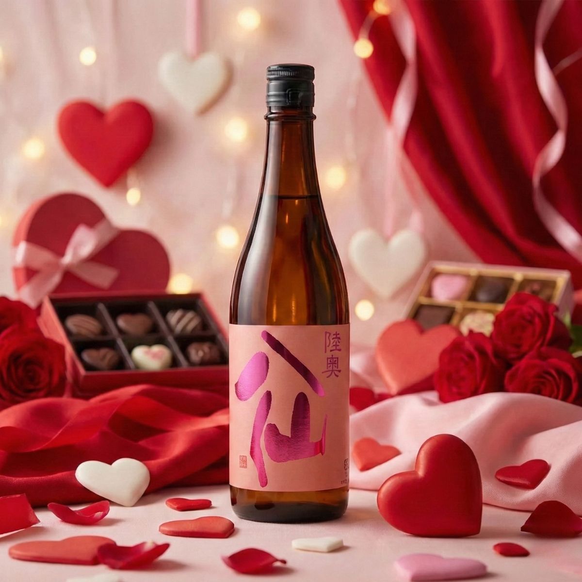 A bottle of sake is surrounded by Valentine's Day chocolates, roses, and heart-shaped decorations on a pink background.
