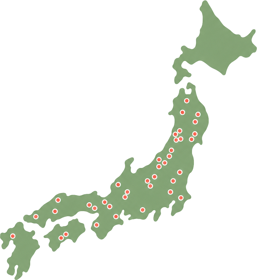 A stylized green map of Japan with red and white circular markers scattered across the islands.