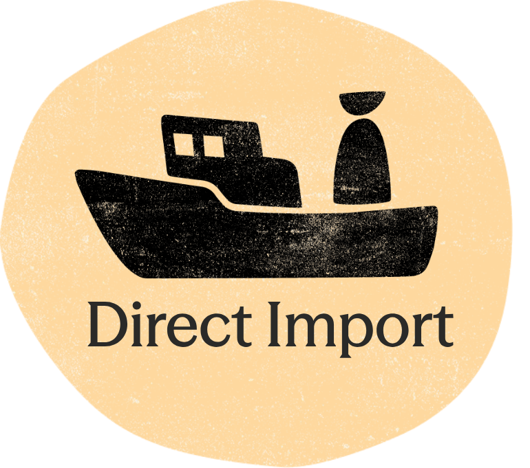 A black illustration of a person in a boat with the text 'Direct Import' below.