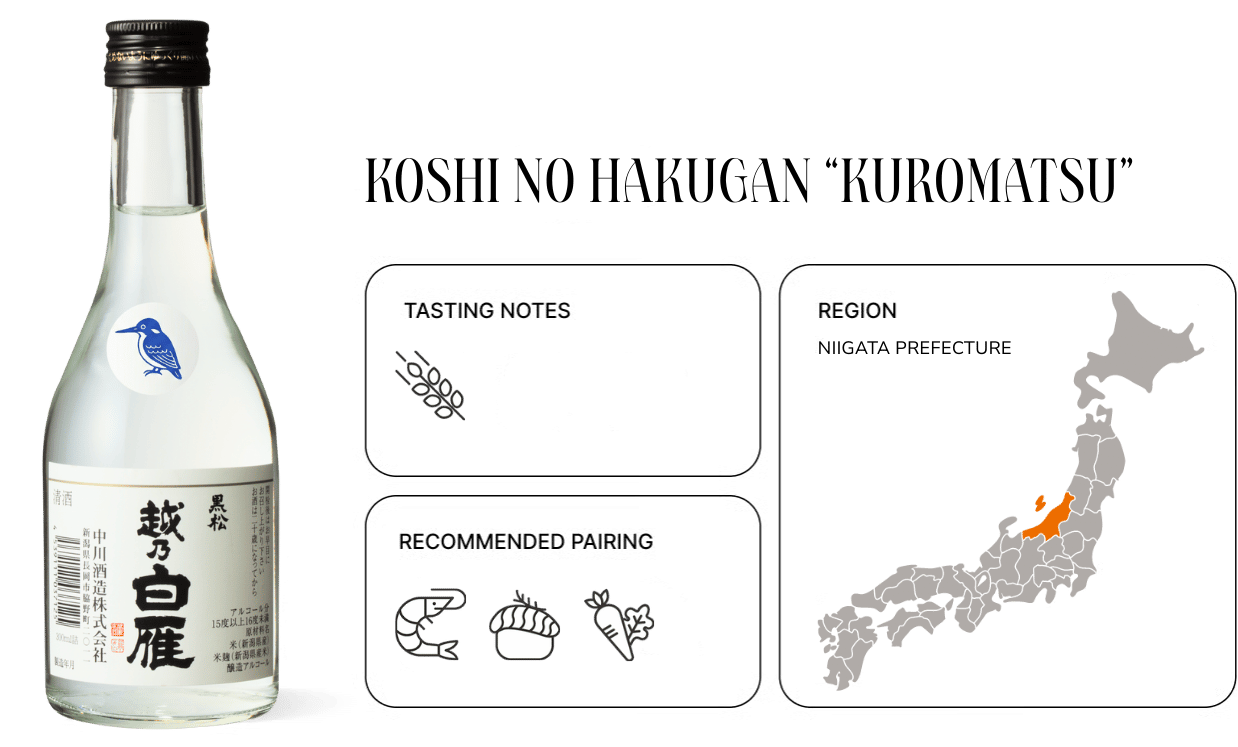A bottle of Koshi no Hakugan “Kuromatsu” sake with tasting notes, pairing suggestions, and a regional map.