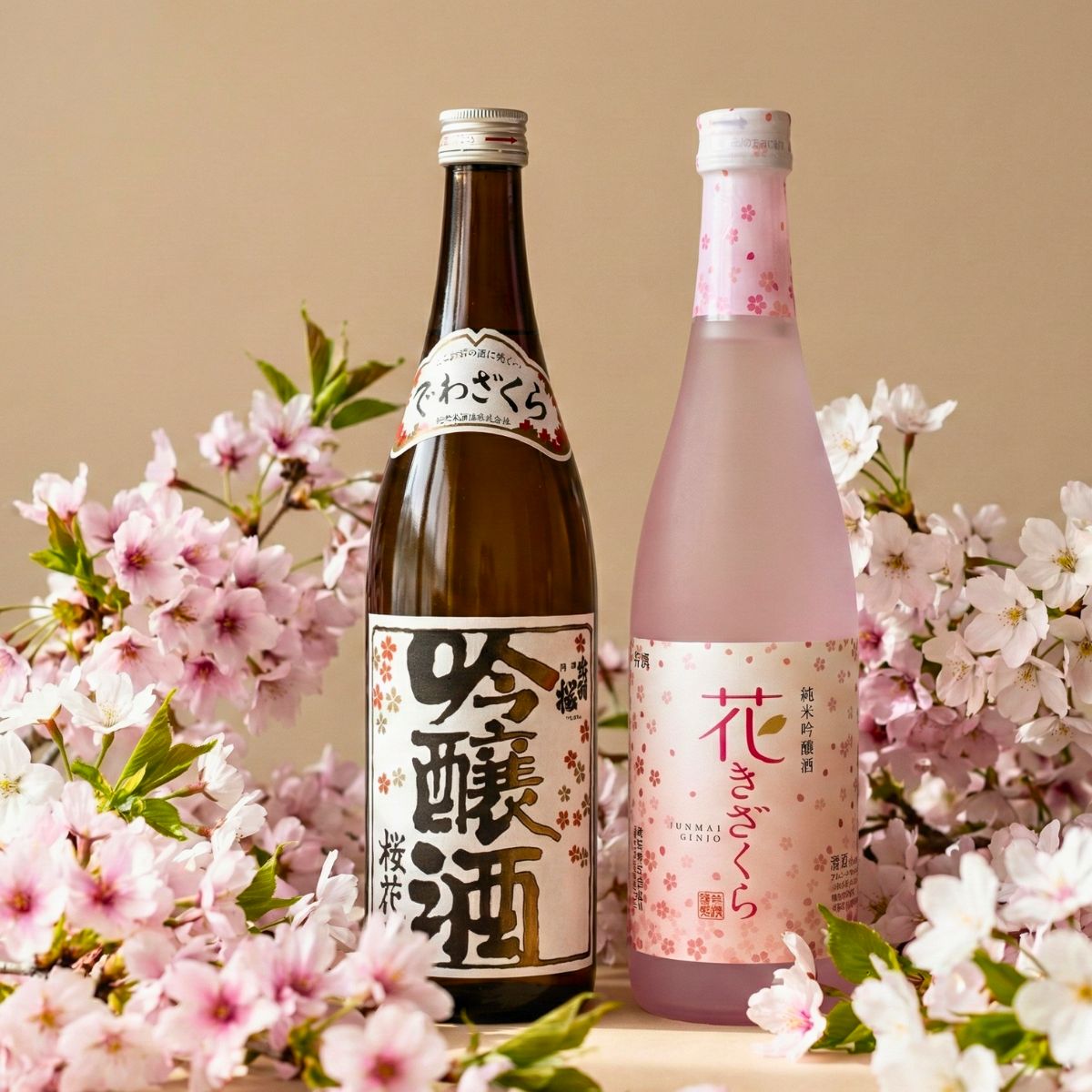 Two bottles of Japanese sake are displayed surrounded by fresh pink and white cherry blossoms.