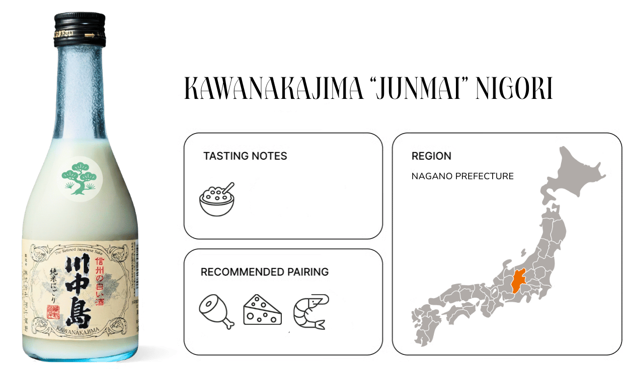 An infographic for Kawanakajima 'Junmai' Nigori sake, showing the bottle, a map of Japan, and food pairing icons.