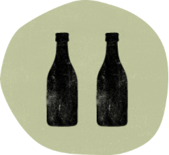 A stylized illustration of two dark bottles side-by-side within a light green, circular background.