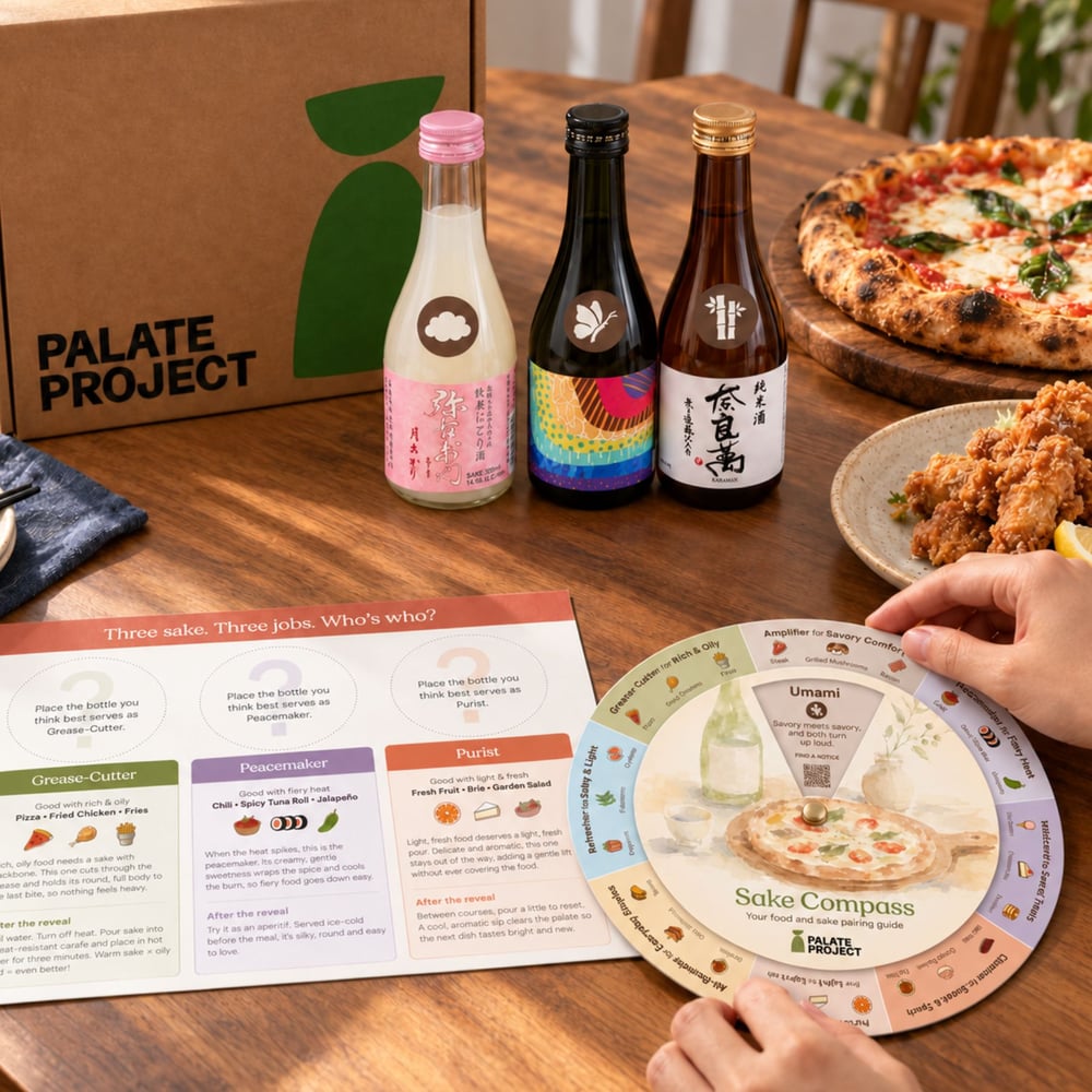 Sake Flight “Beyond Sushi” set on a dinner table with pizza and fried chicken, the tasting mat and the Sake Compass pairing wheel