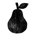 A black, textured silhouette of a pear with a stem and one leaf, on a white background.