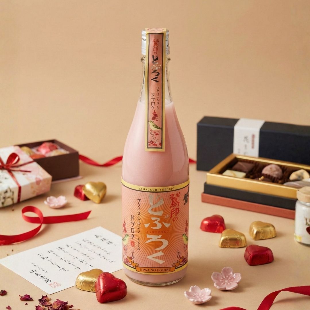 A bottle of pink Japanese liqueur surrounded by heart-shaped chocolates, gift boxes, red ribbons, and a note.