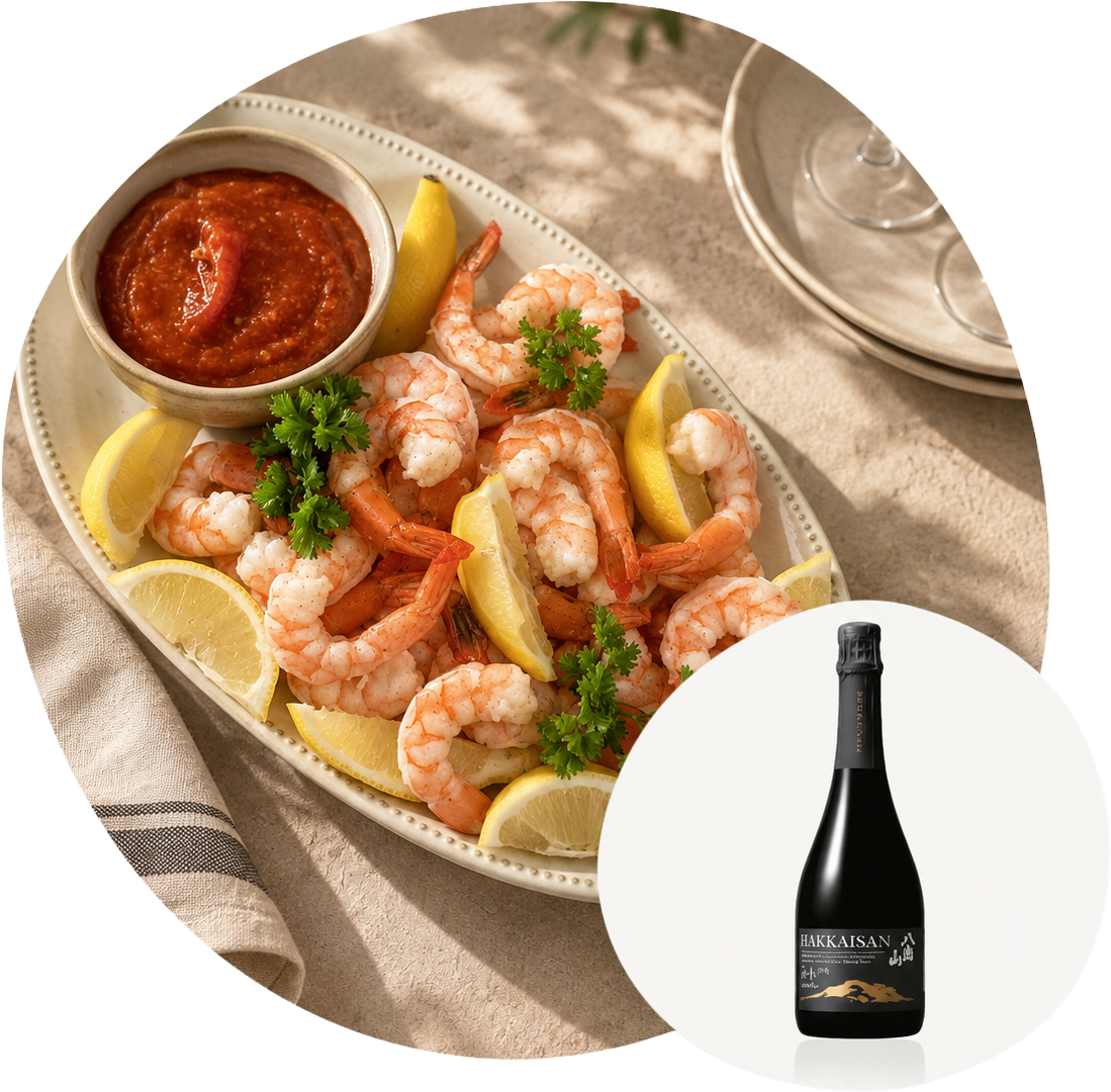 Shrimp cocktail on a platter with lemon wedges and cocktail sauce, with an inset image of a bottle of Hakkaisan sparkling sake.
