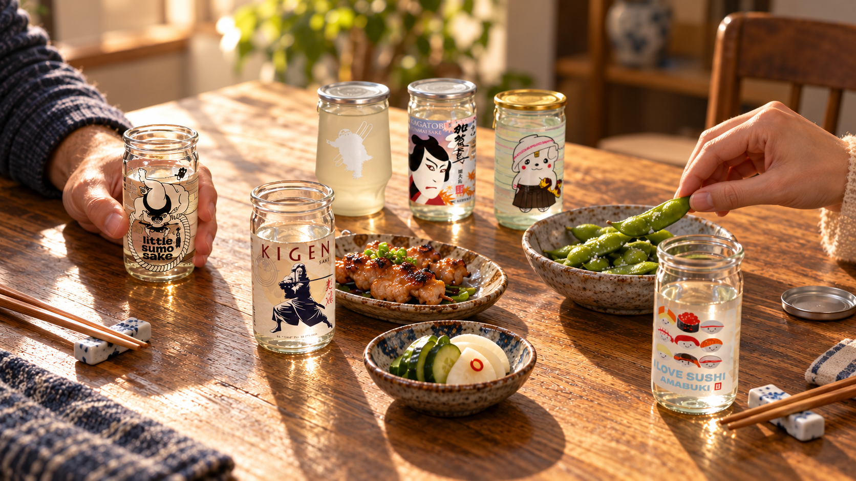 Six cup sake shared across a table, with small plates and chopsticks