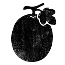 A black, textured, stamp-like illustration of a melon with a stem and a leaf.