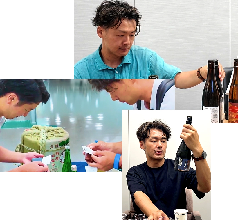 Three images of a person examining bottles and a wrapped package.