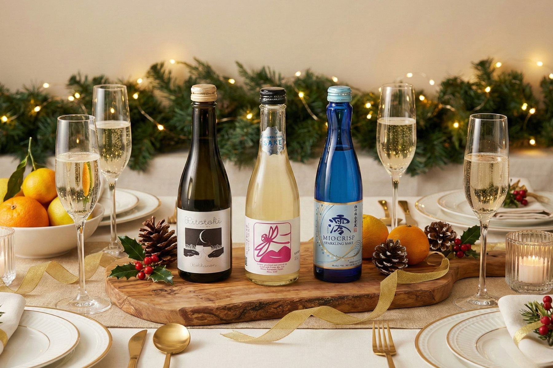 Festive table setting with three bottles and glasses, oranges, pinecones, and greenery.
