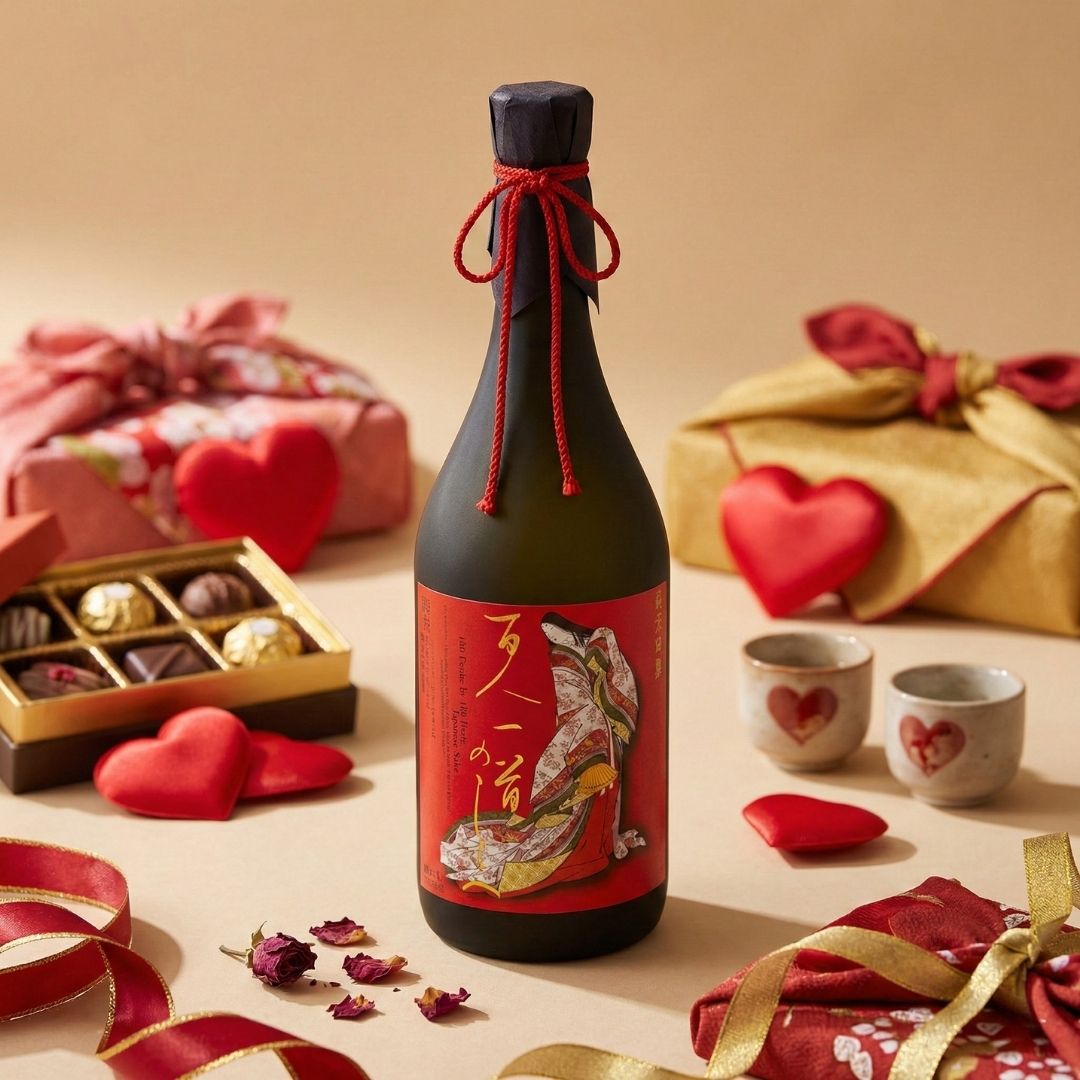 A bottle of sake is arranged with chocolates, heart decorations, and wrapped gifts on a beige surface.