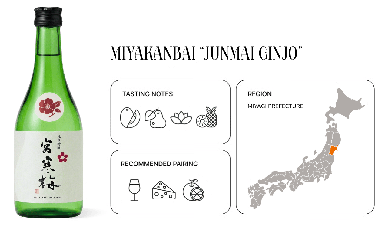 Sake bottle with tasting notes, pairing suggestions, and a highlighted map of Japan's region.
