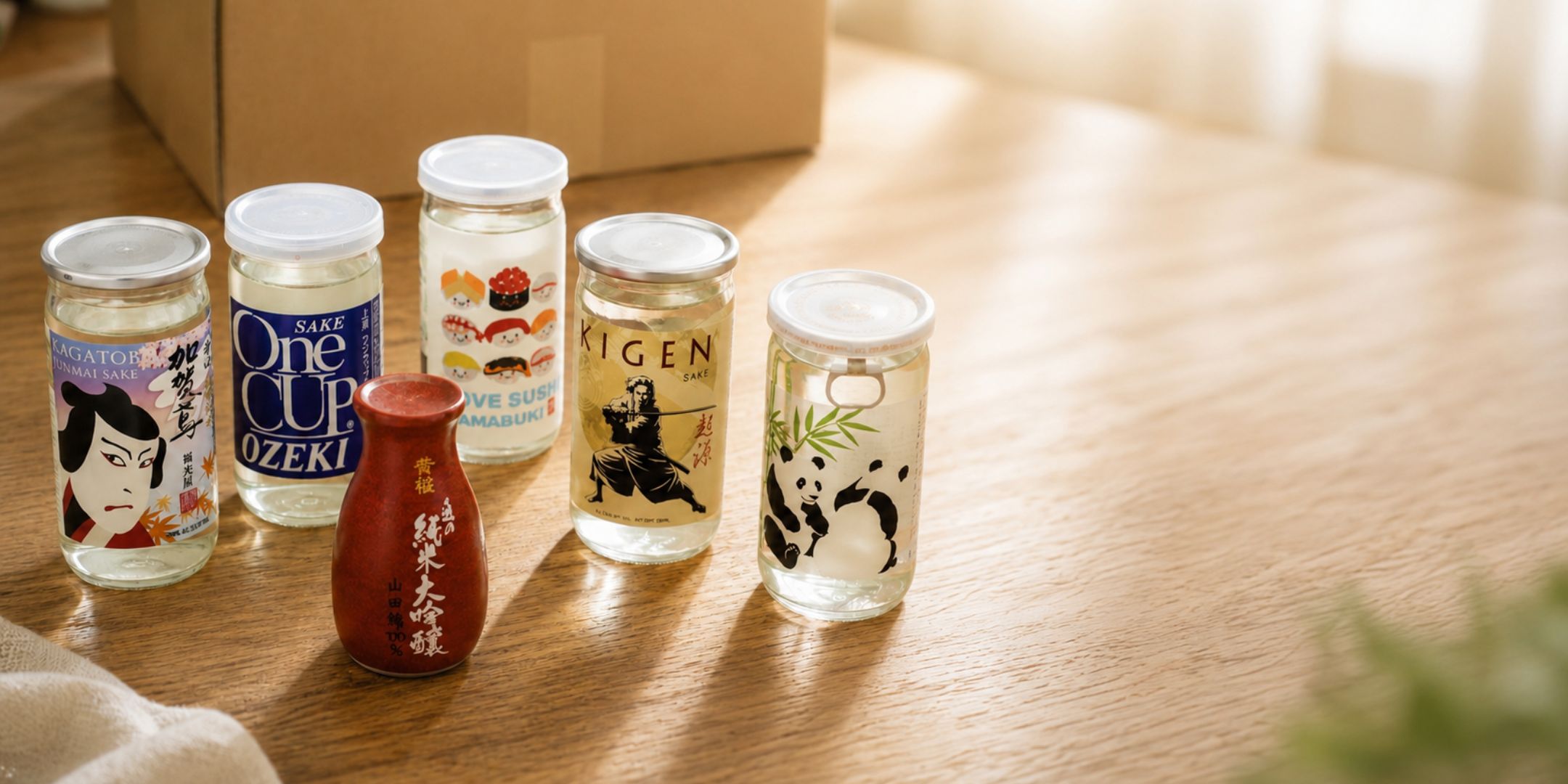 An assortment of small, decorated bottles of Japanese sake on a wooden table.